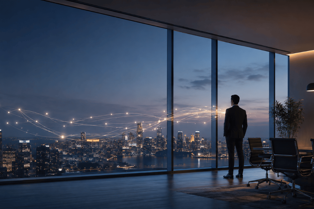 Executive silhouette overlooking a city skyline with abstract data streams representing absorptive capacity and organizational knowledge flow